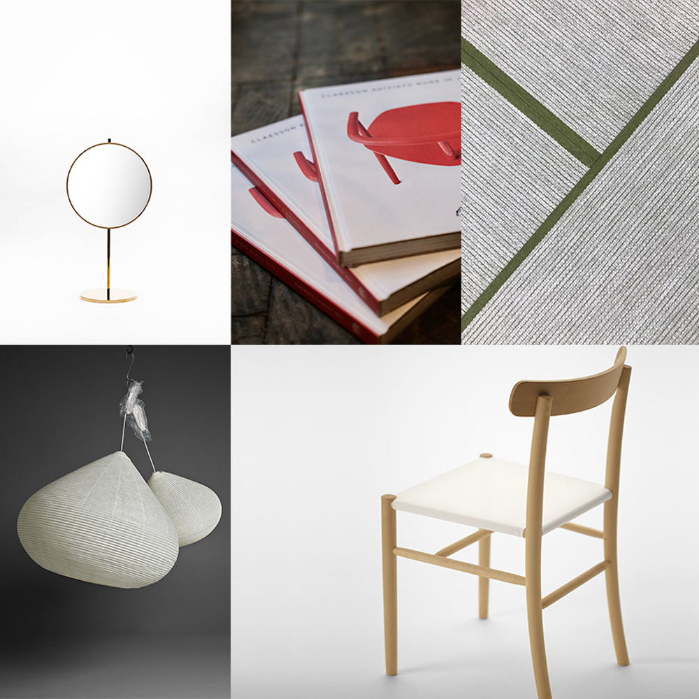 LOFT EXHIBITIONにて展示販売された家具など。左上から、Time&Styleのミラー、スウェーデンで開催された展示会「CLAESSON KOIVISTO RUNE IN JAPAN」のビジュアルブック、CKRオリジナルデザインの畳をイメージしたKasthallのラグとTime&Styleのペーパーランプ、マルニ木工の椅子。