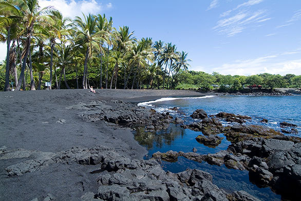 漆黒の砂が覆うハワイ島のビーチでは ウミガメがのんびり甲羅干しに励む 今日の絶景